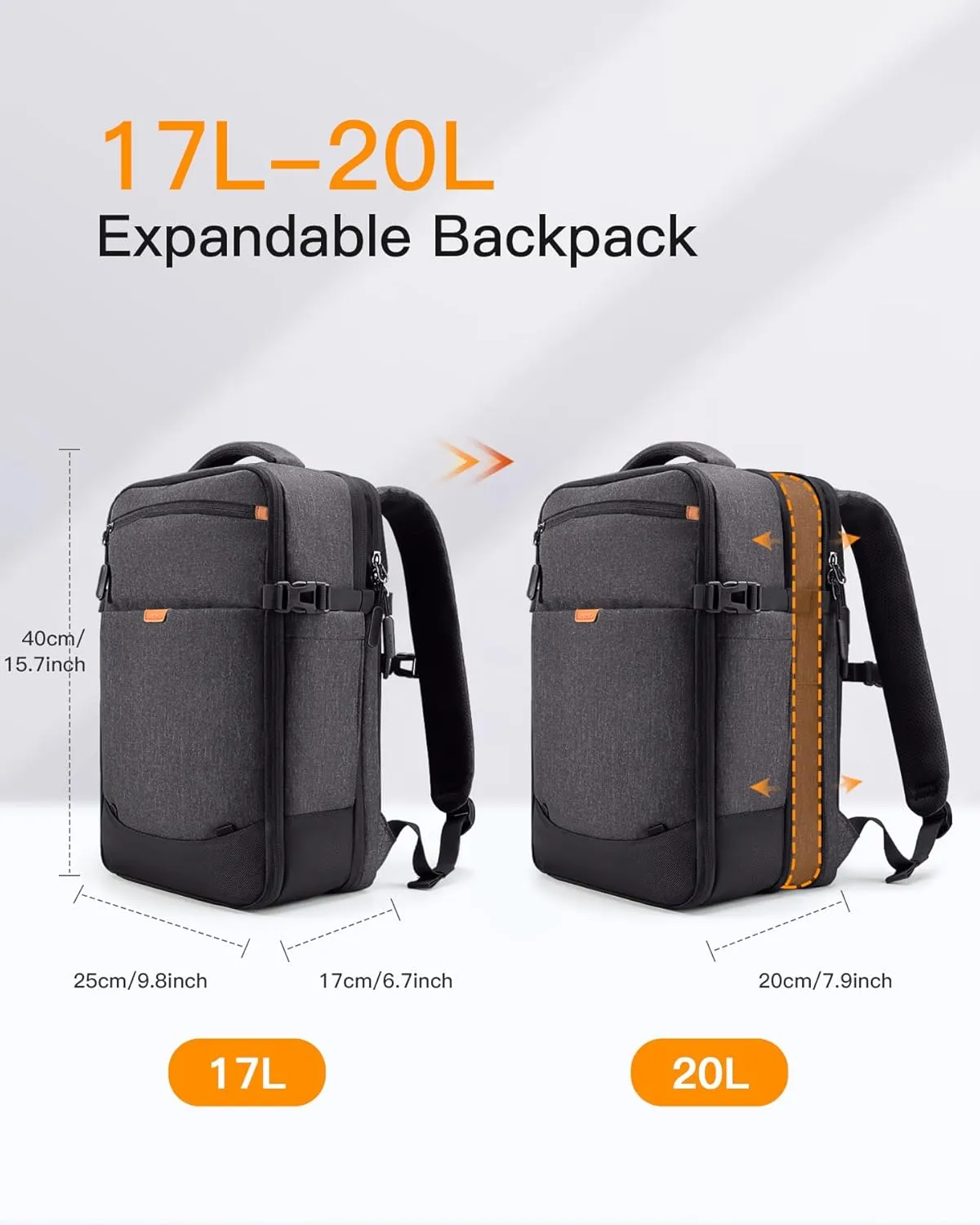 Inateck 17-20L Expandable Carry on Travel Laptop Backpack for Airline Approved, Splash-resistant 3-Way Cabin Luggage for Low-cost/Budget Airlines, Compatible with 14-Inch Laptops, Black