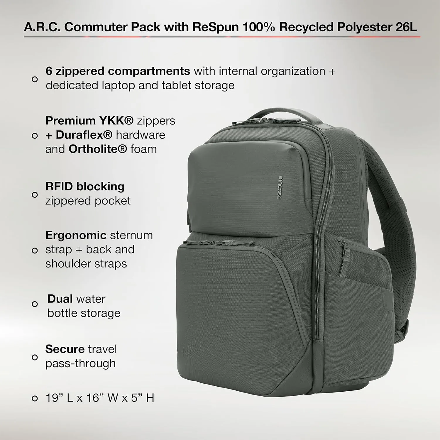 Incase A.R.C. Commuter Pack - Business Travel Backpack for Men & Women - Lightweight Carry On Laptop Bag for 16-inch MacBook Computer or iPad - TSA Approved (17.5in x 11.4in x 6.2in, 19.5L) Smoked Ivy