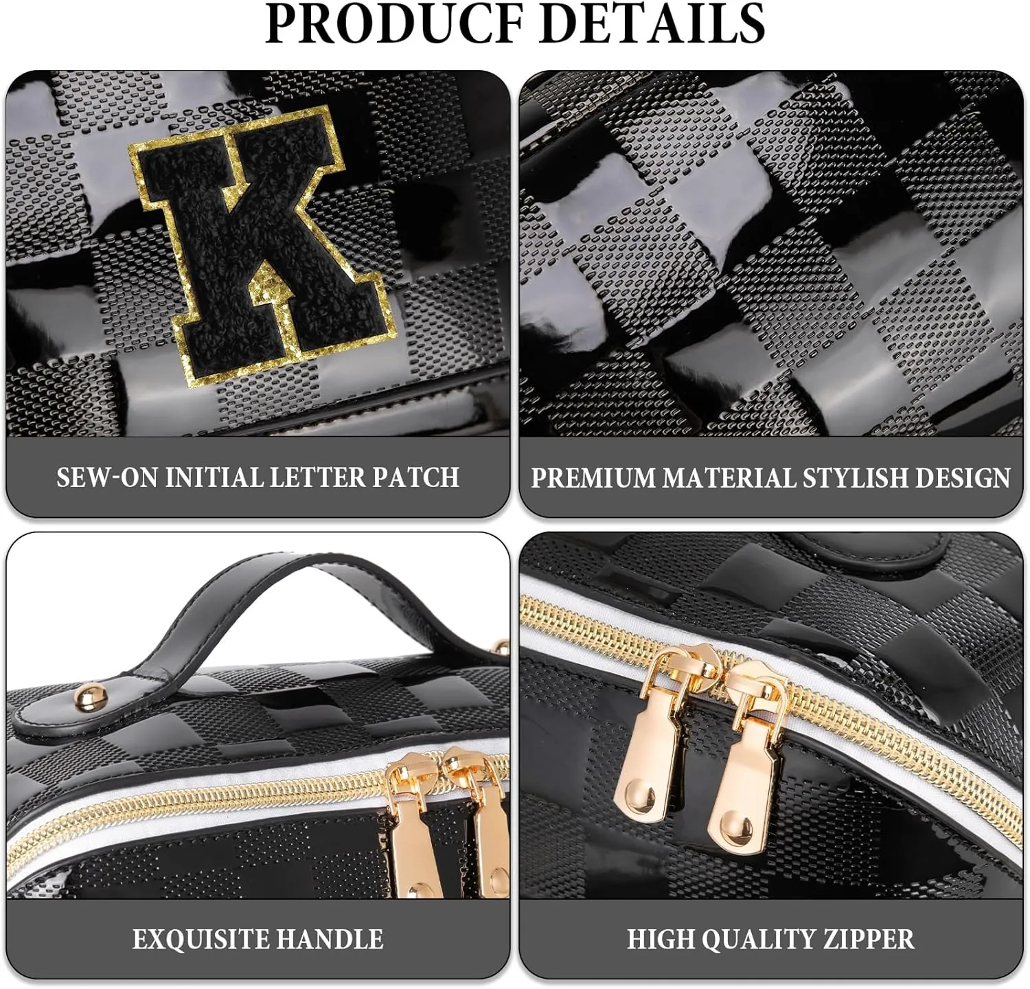 Initial Makeup Bag Large Capacity Travel Cosmetic Bag for Women PU Leather Open Flat Toiletry Bag with Handle and Divider Personalized Gifts for Women (Black K)