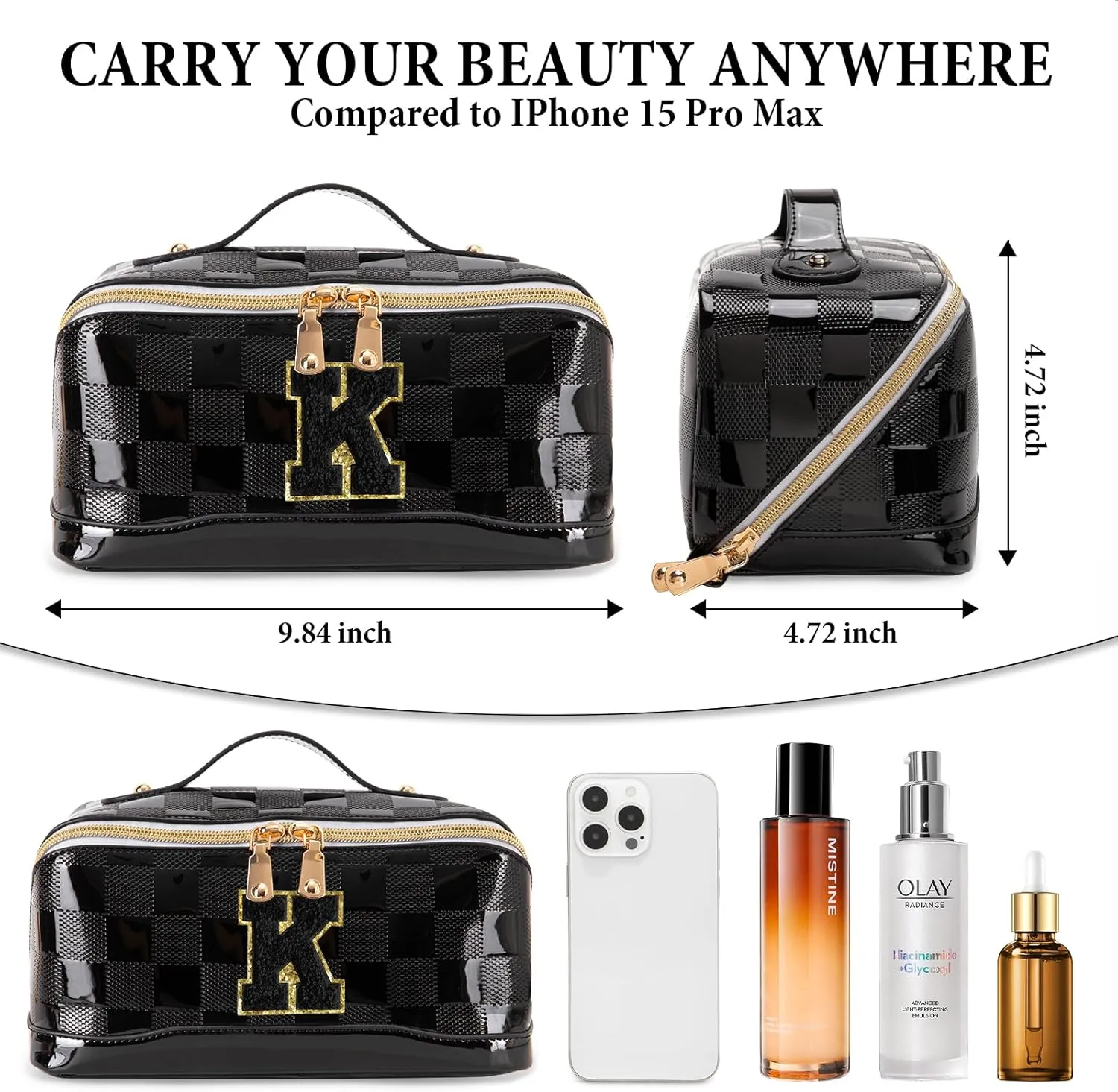 Initial Makeup Bag Large Capacity Travel Cosmetic Bag for Women PU Leather Open Flat Toiletry Bag with Handle and Divider Personalized Gifts for Women (Black K)