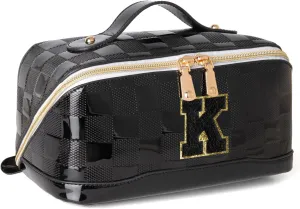 Initial Makeup Bag Large Capacity Travel Cosmetic Bag for Women PU Leather Open Flat Toiletry Bag with Handle and Divider Personalized Gifts for Women (Black K)
