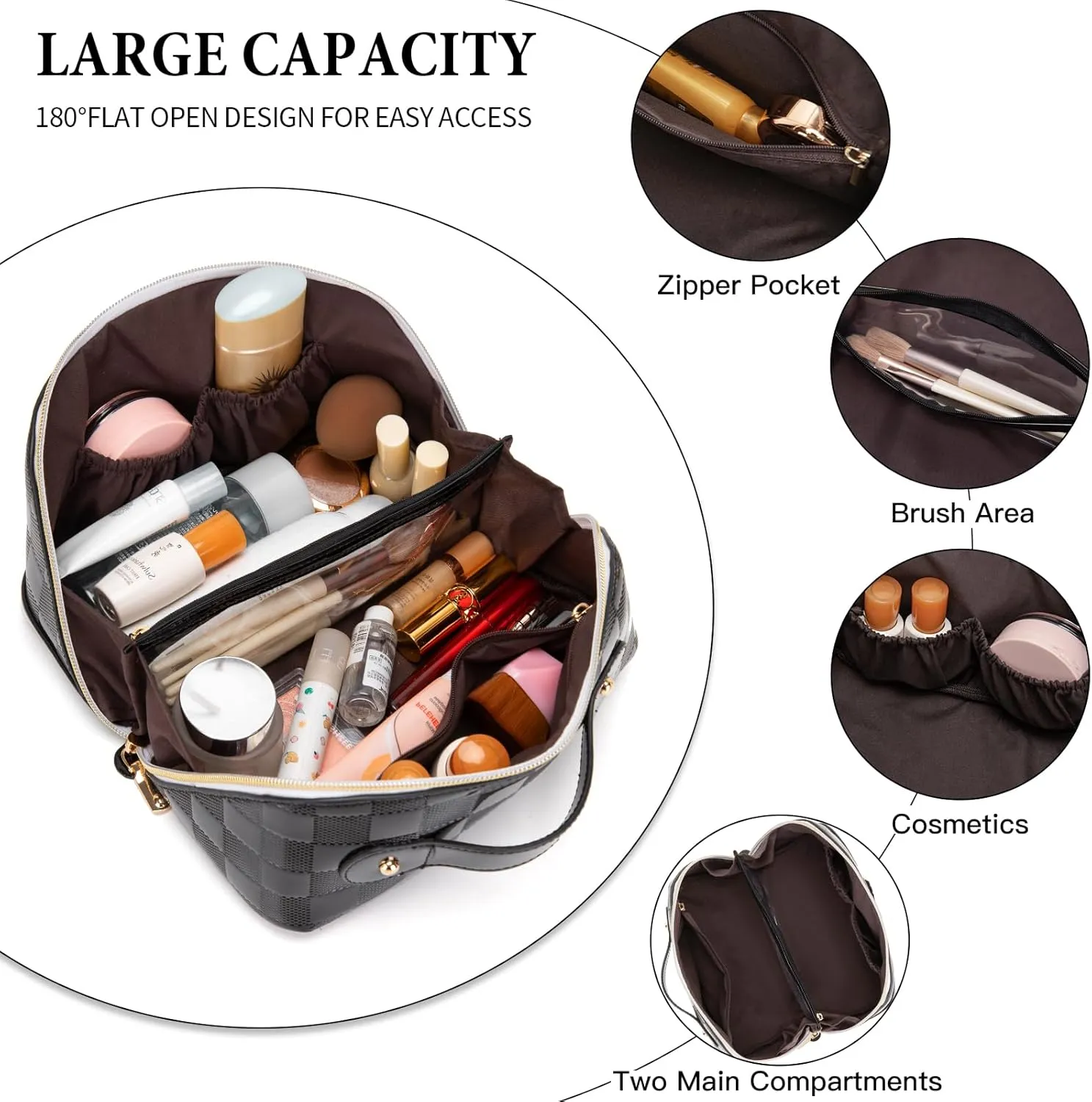 Initial Makeup Bag Large Capacity Travel Cosmetic Bag for Women PU Leather Open Flat Toiletry Bag with Handle and Divider Personalized Gifts for Women (Black K)