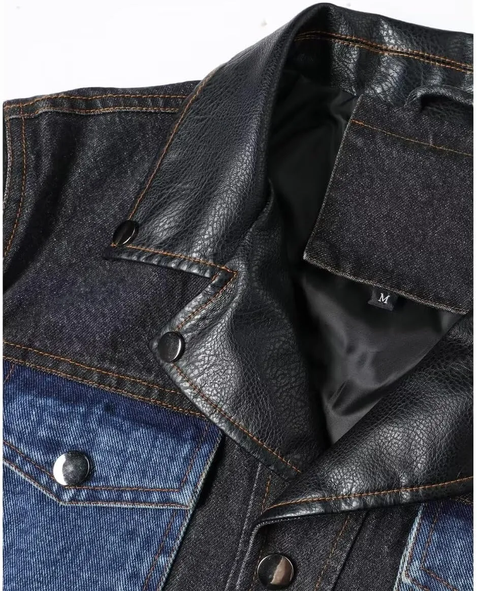 INVACHI Men's Denim Jacket Patchwork Faux Leather Motorcycle Jacket Slim Fit Biker Coat With Stand Collar
