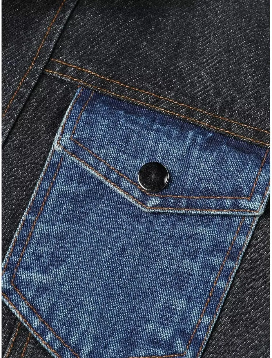 INVACHI Men's Denim Jacket Patchwork Faux Leather Motorcycle Jacket Slim Fit Biker Coat With Stand Collar