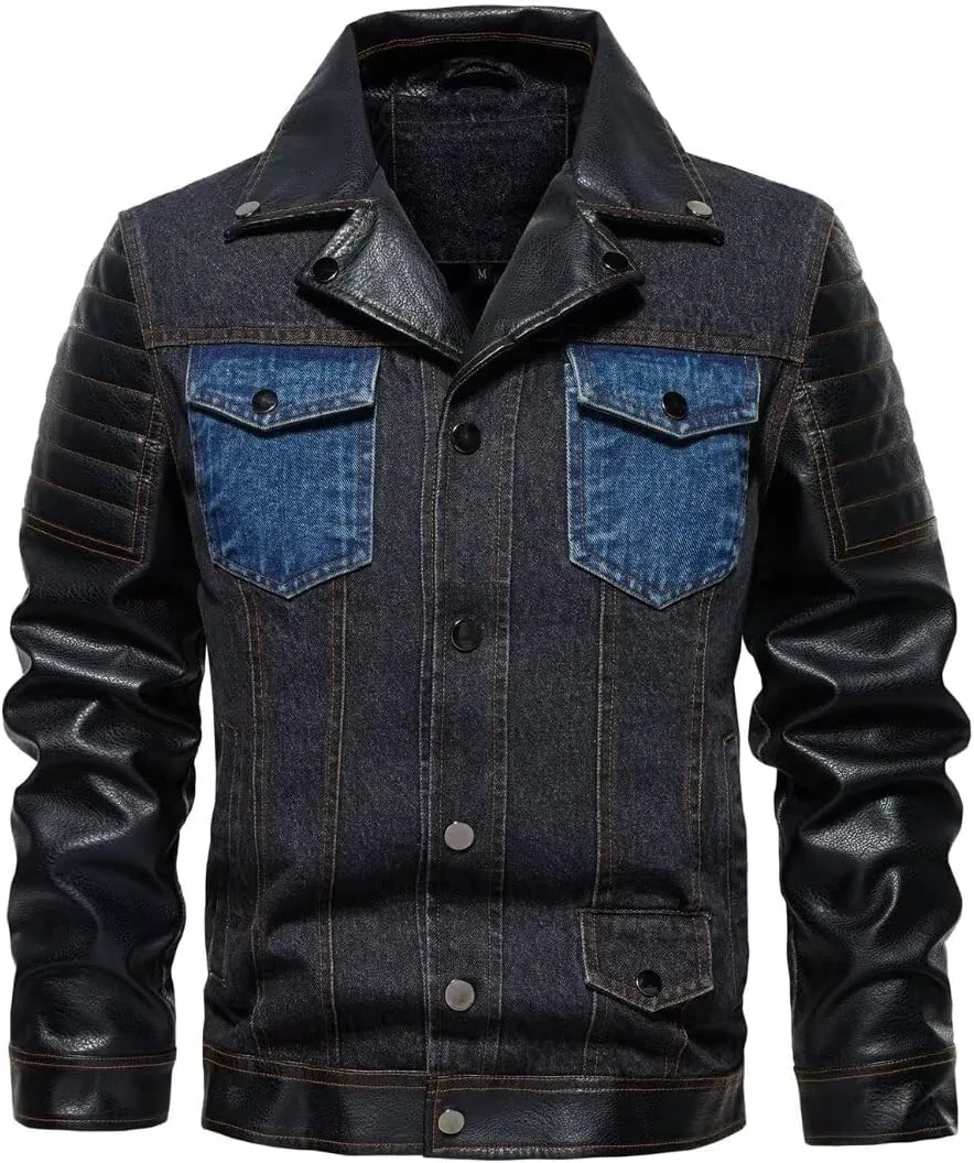 INVACHI Men's Denim Jacket Patchwork Faux Leather Motorcycle Jacket Slim Fit Biker Coat With Stand Collar