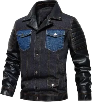 INVACHI Men's Denim Jacket Patchwork Faux Leather Motorcycle Jacket Slim Fit Biker Coat With Stand Collar