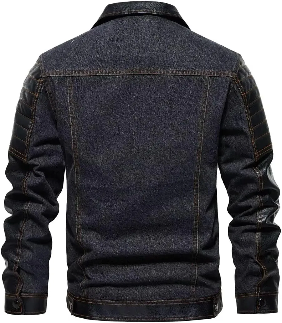 INVACHI Men's Denim Jacket Patchwork Faux Leather Motorcycle Jacket Slim Fit Biker Coat With Stand Collar