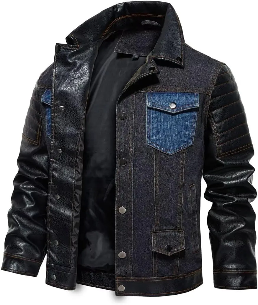INVACHI Men's Denim Jacket Patchwork Faux Leather Motorcycle Jacket Slim Fit Biker Coat With Stand Collar