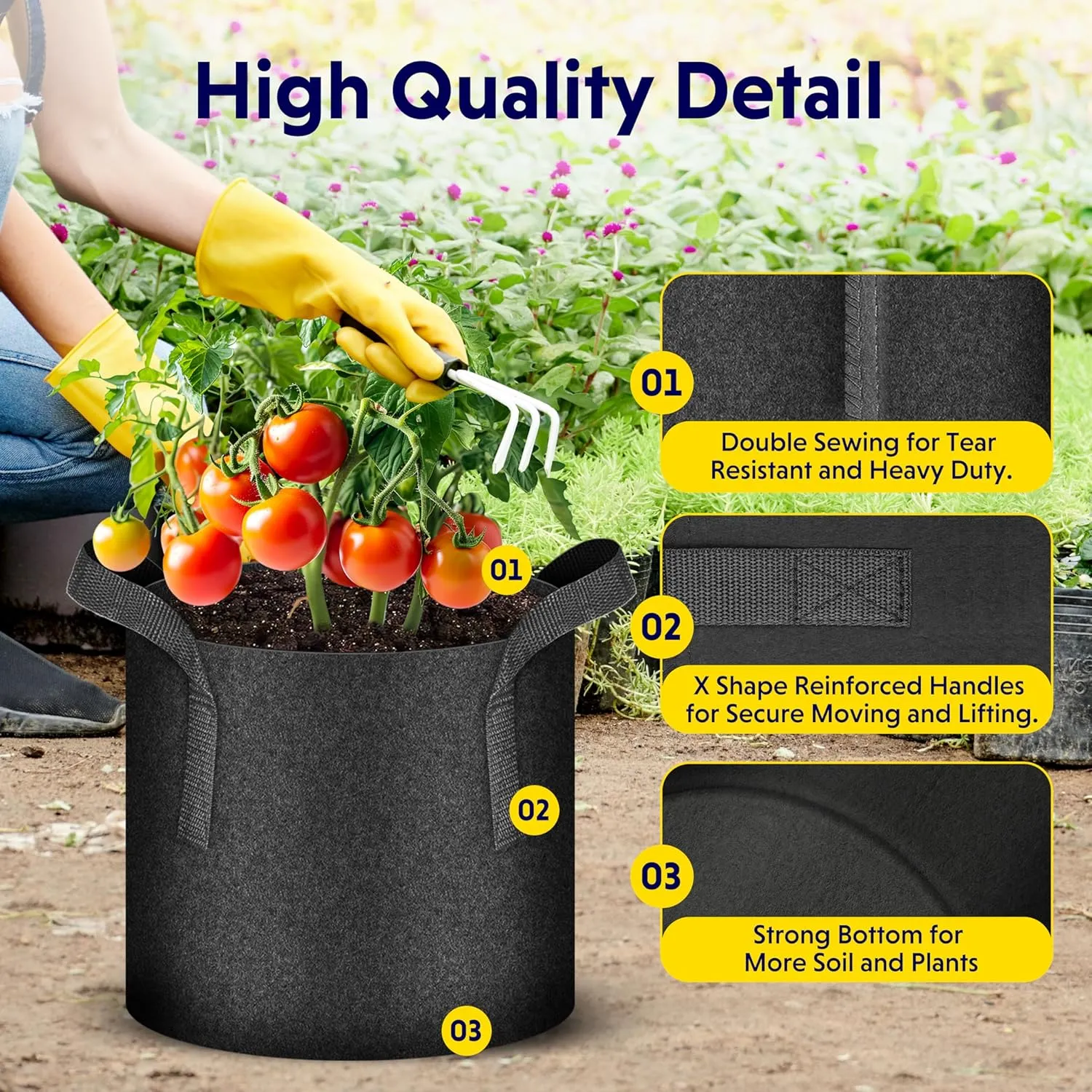 iPower 10 Pack 2 Gallon Grow Bags, Garden Planting Nonwoven Fabric Pots with Reinforced Handle, Heavy Duty and Aeration Planter Pot for Tomato, Fruits, Vegetables and Flowers
