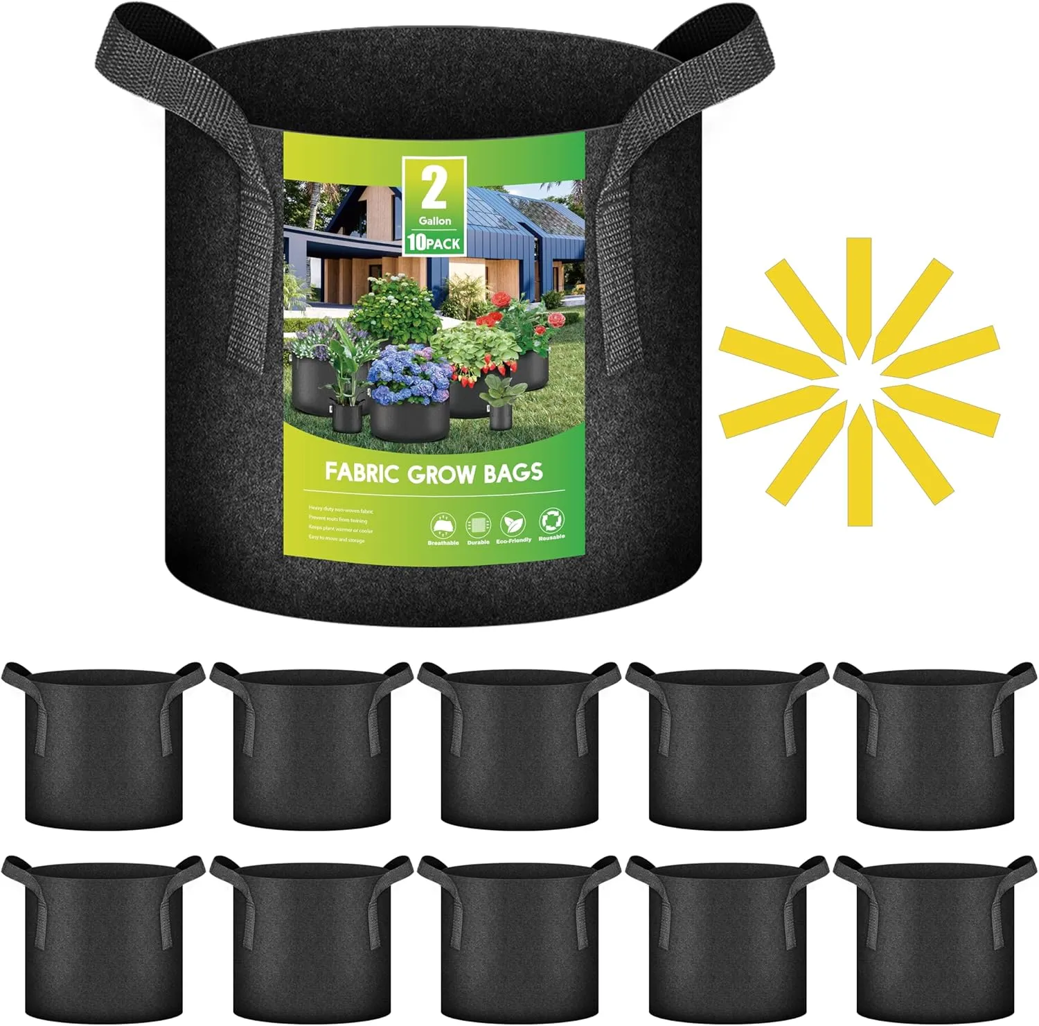 iPower 10 Pack 2 Gallon Grow Bags, Garden Planting Nonwoven Fabric Pots with Reinforced Handle, Heavy Duty and Aeration Planter Pot for Tomato, Fruits, Vegetables and Flowers