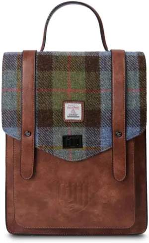 Islander Carloway Backpack for Men & Women, With Laptop Sleeve, Harris Tweed Vegan Leather, Chestnut and Blue Tartan