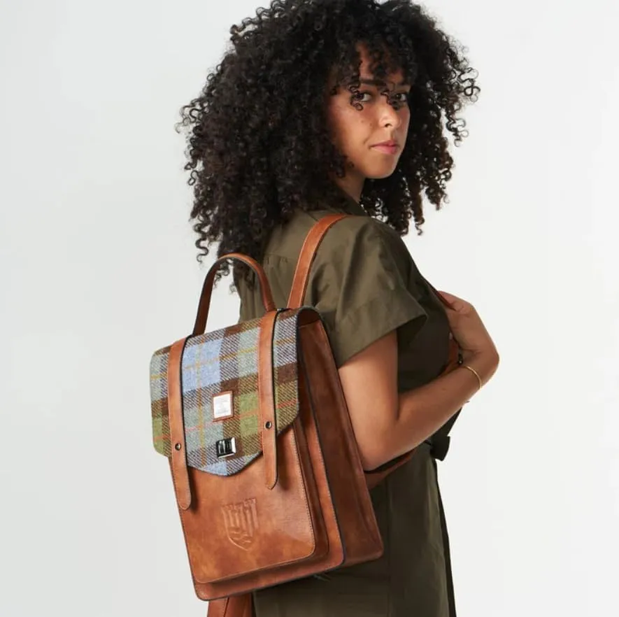 Islander Carloway Backpack for Men & Women, With Laptop Sleeve, Harris Tweed Vegan Leather, Chestnut and Blue Tartan
