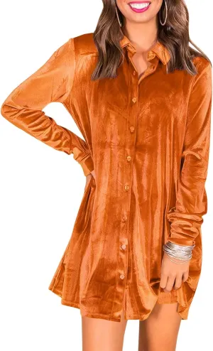 Ivay Women's Spring Button Down Tshirt Dresses Velvet Tunic Dress with Pockets