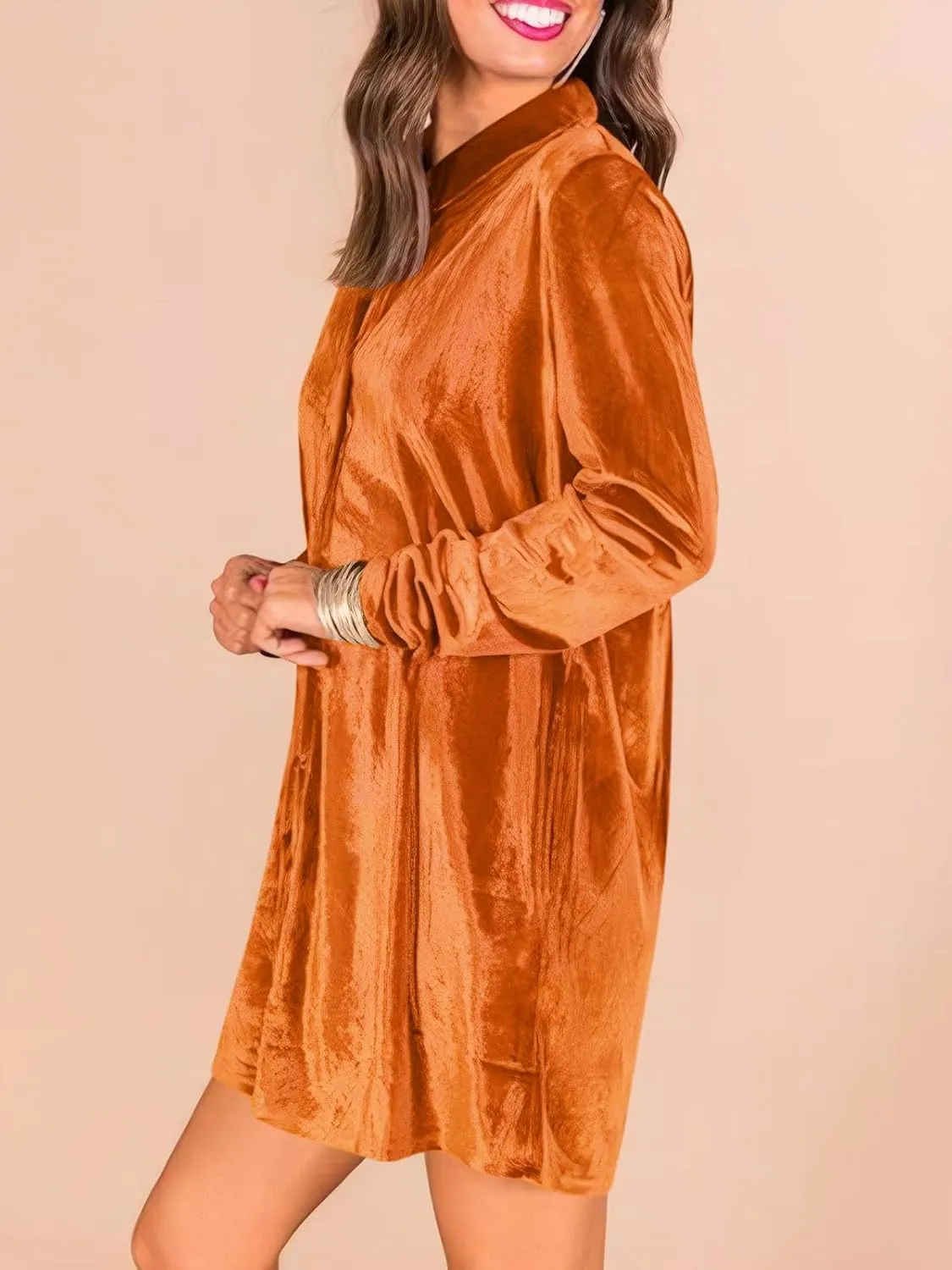 Ivay Women's Spring Button Down Tshirt Dresses Velvet Tunic Dress with Pockets