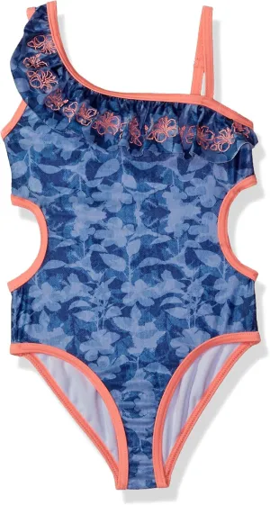Jantzen Girls Denim Print One Piece Ruffle Swimsuit
