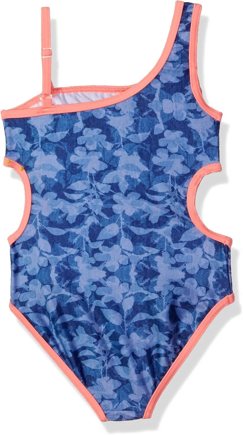 Jantzen Girls Denim Print One Piece Ruffle Swimsuit