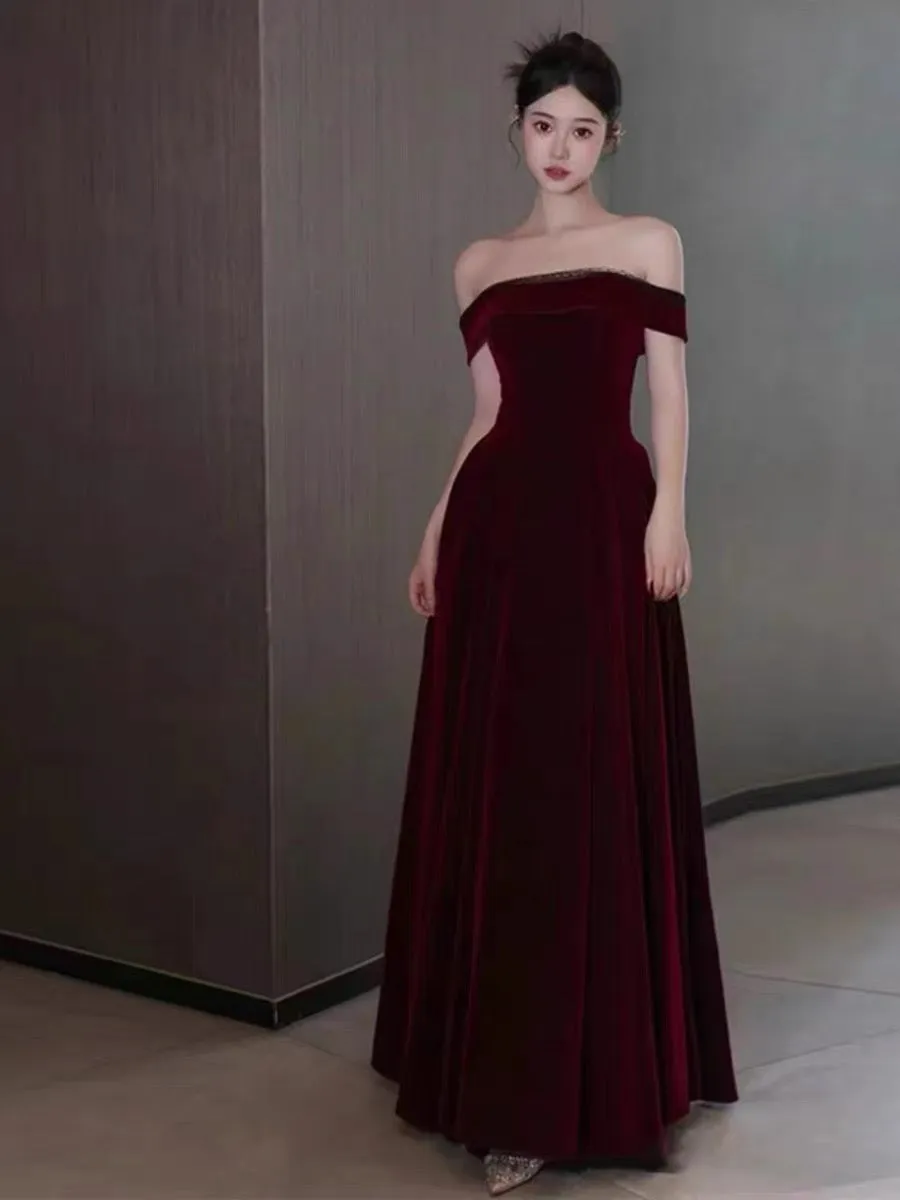JazzHer Elegant A line Off The Shoulder Burgundy Velvet Long Prom Dress Evening Dresses (PRE-ORDER)
