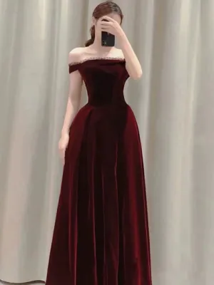 JazzHer Elegant A line Off The Shoulder Burgundy Velvet Long Prom Dress Evening Dresses (PRE-ORDER)