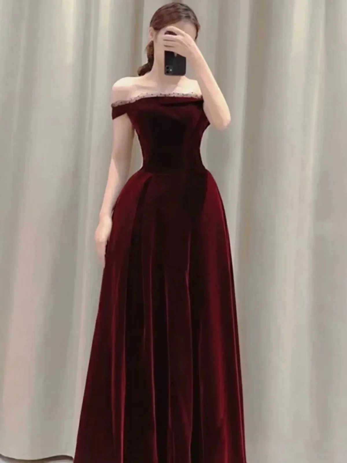 JazzHer Elegant A line Off The Shoulder Burgundy Velvet Long Prom Dress Evening Dresses (PRE-ORDER)