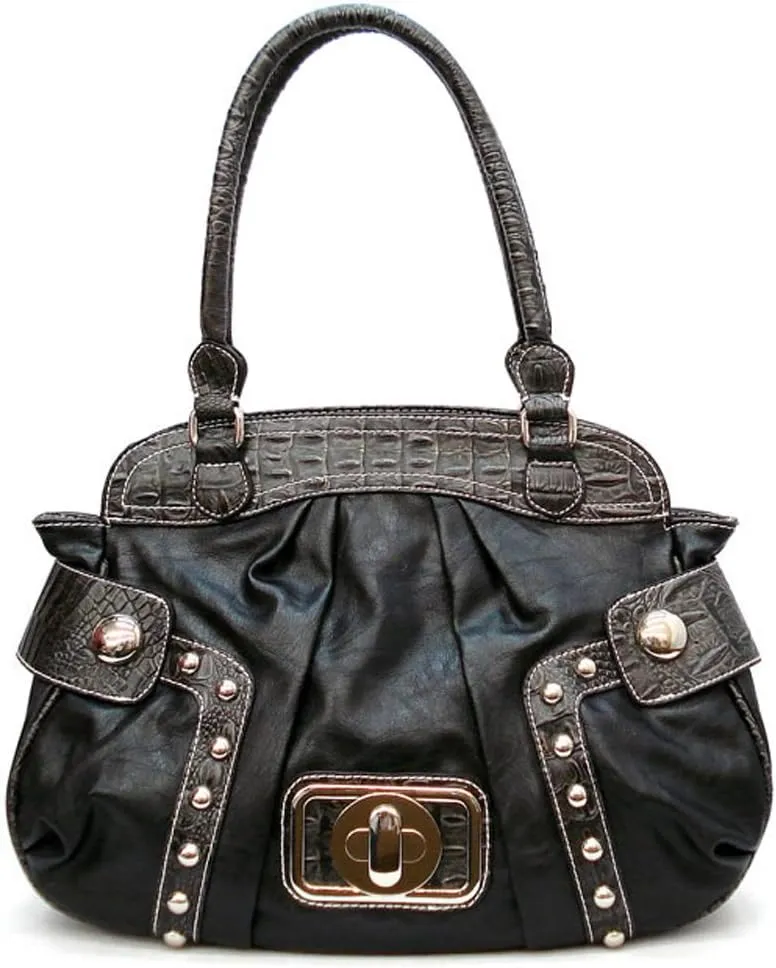 JC Designer Black Crocodile Studs Lock Bold Tan Stitching Satchel Bag Handbag