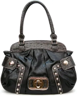 JC Designer Black Crocodile Studs Lock Bold Tan Stitching Satchel Bag Handbag