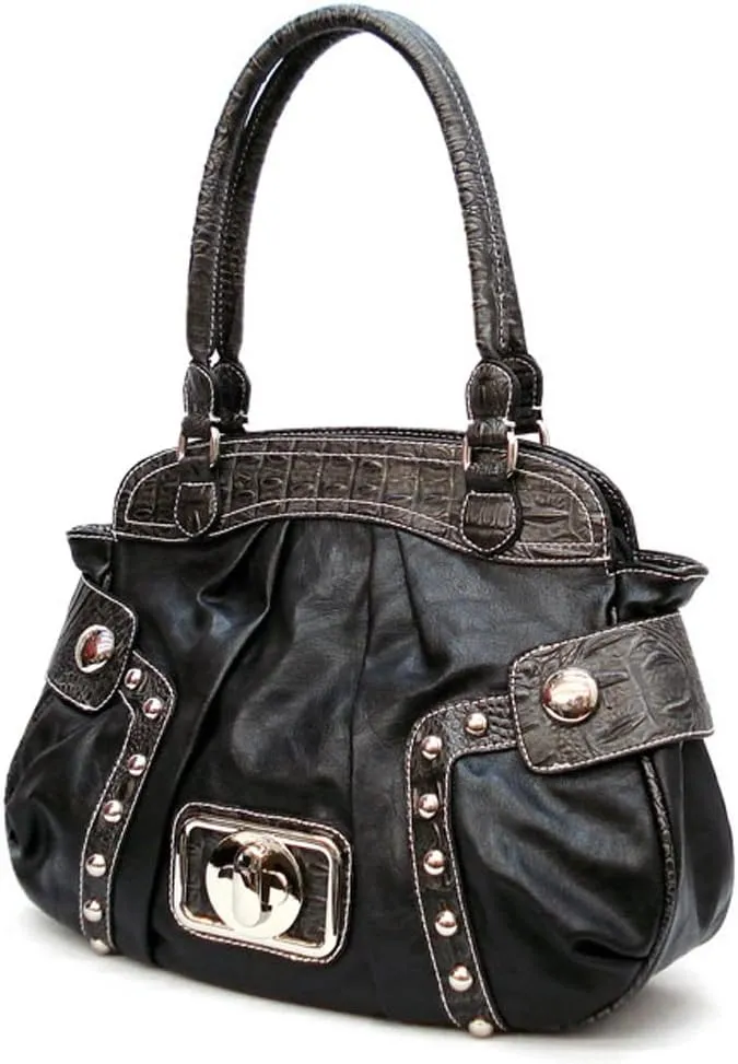 JC Designer Black Crocodile Studs Lock Bold Tan Stitching Satchel Bag Handbag