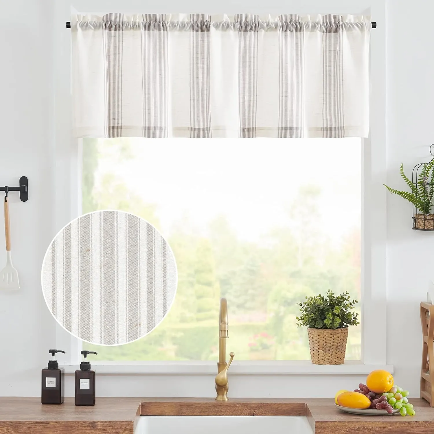 jinchan Gray Striped Linen Valance Curtain 16 Inch Vertical Striped Valance for Living Room Bathroom Light Filtering Window Treatment Rod Pocket Farmhouse Semi Sheer Short Window Curtain 1 Panel Grey