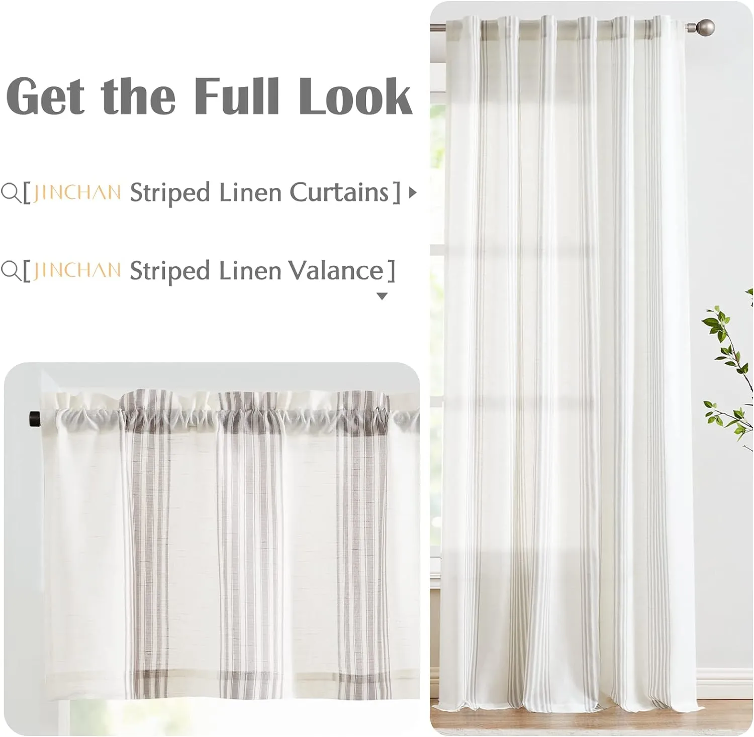 jinchan Gray Striped Linen Valance Curtain 16 Inch Vertical Striped Valance for Living Room Bathroom Light Filtering Window Treatment Rod Pocket Farmhouse Semi Sheer Short Window Curtain 1 Panel Grey