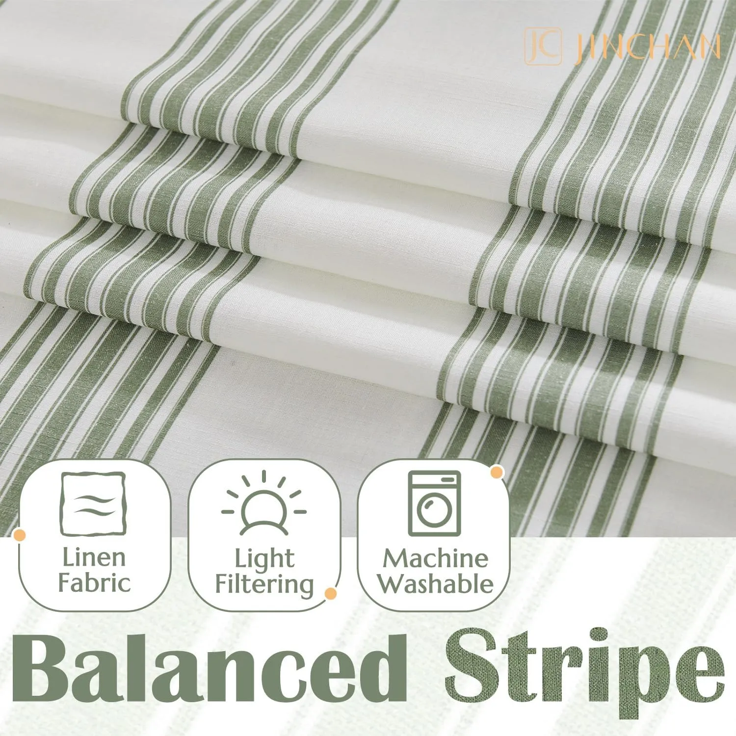 jinchan Striped Linen Valance Curtain 16 Inch Vertical Striped Valance for Kitchen Bathroom Light Filtering Window Treatment Rod Pocket Farmhouse Rustic Semi Sheer Short Window Curtain 1 Panel Green