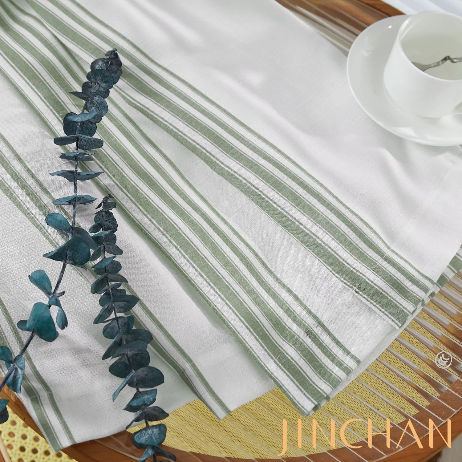 jinchan Striped Linen Valance Curtain 16 Inch Vertical Striped Valance for Kitchen Bathroom Light Filtering Window Treatment Rod Pocket Farmhouse Rustic Semi Sheer Short Window Curtain 1 Panel Green