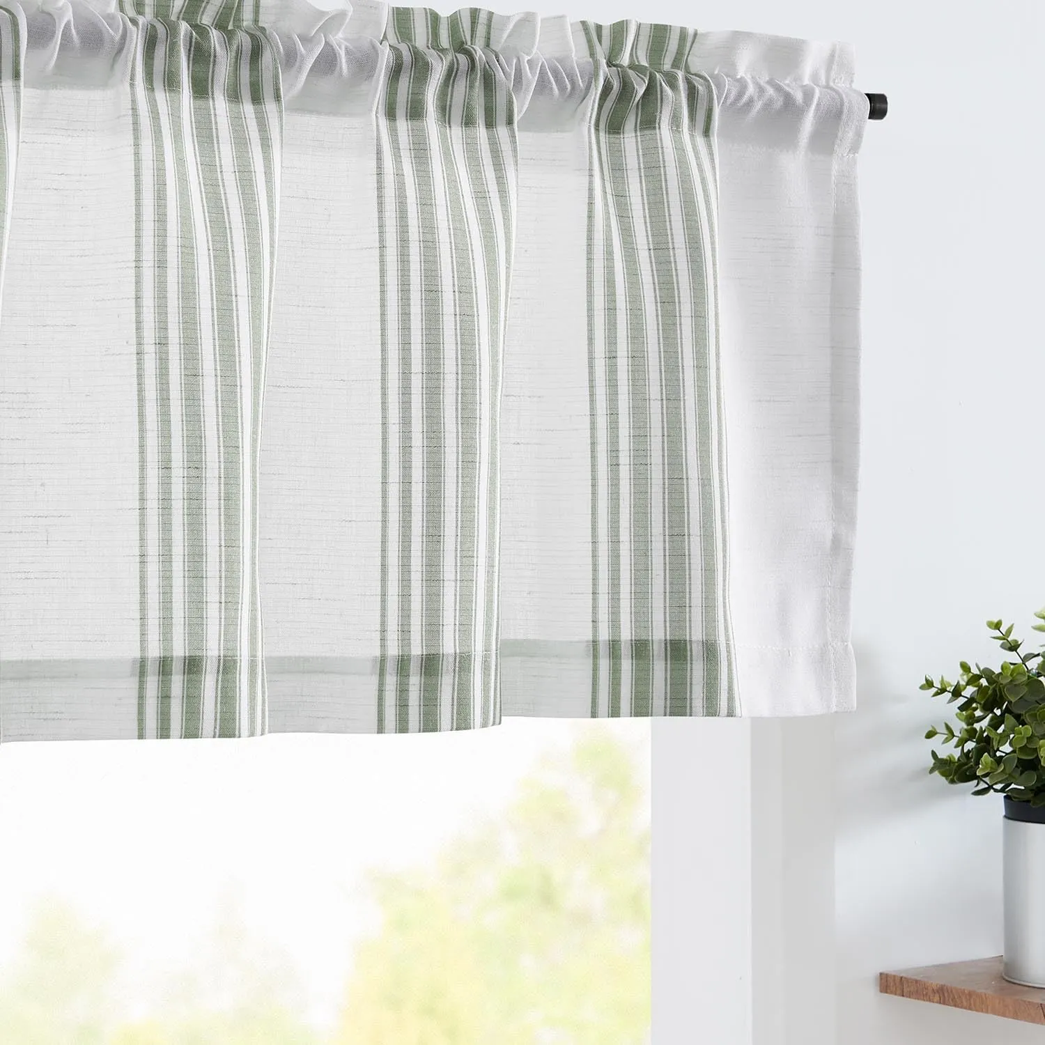 jinchan Striped Linen Valance Curtain 16 Inch Vertical Striped Valance for Kitchen Bathroom Light Filtering Window Treatment Rod Pocket Farmhouse Rustic Semi Sheer Short Window Curtain 1 Panel Green