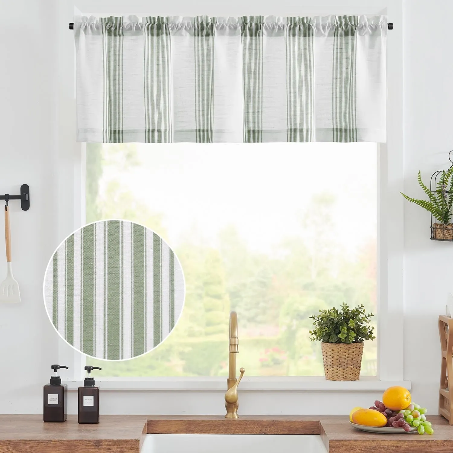 jinchan Striped Linen Valance Curtain 16 Inch Vertical Striped Valance for Kitchen Bathroom Light Filtering Window Treatment Rod Pocket Farmhouse Rustic Semi Sheer Short Window Curtain 1 Panel Green