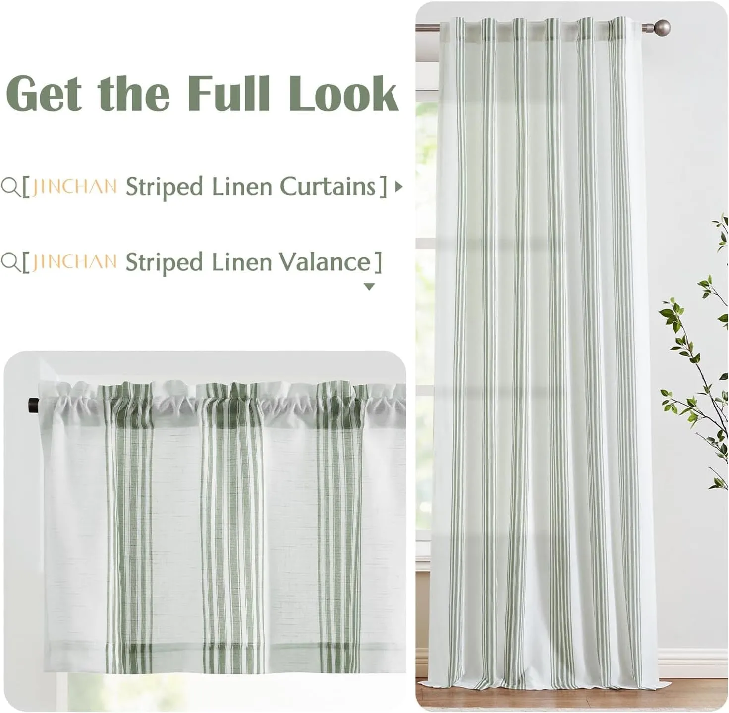 jinchan Striped Linen Valance Curtain 16 Inch Vertical Striped Valance for Kitchen Bathroom Light Filtering Window Treatment Rod Pocket Farmhouse Rustic Semi Sheer Short Window Curtain 1 Panel Green