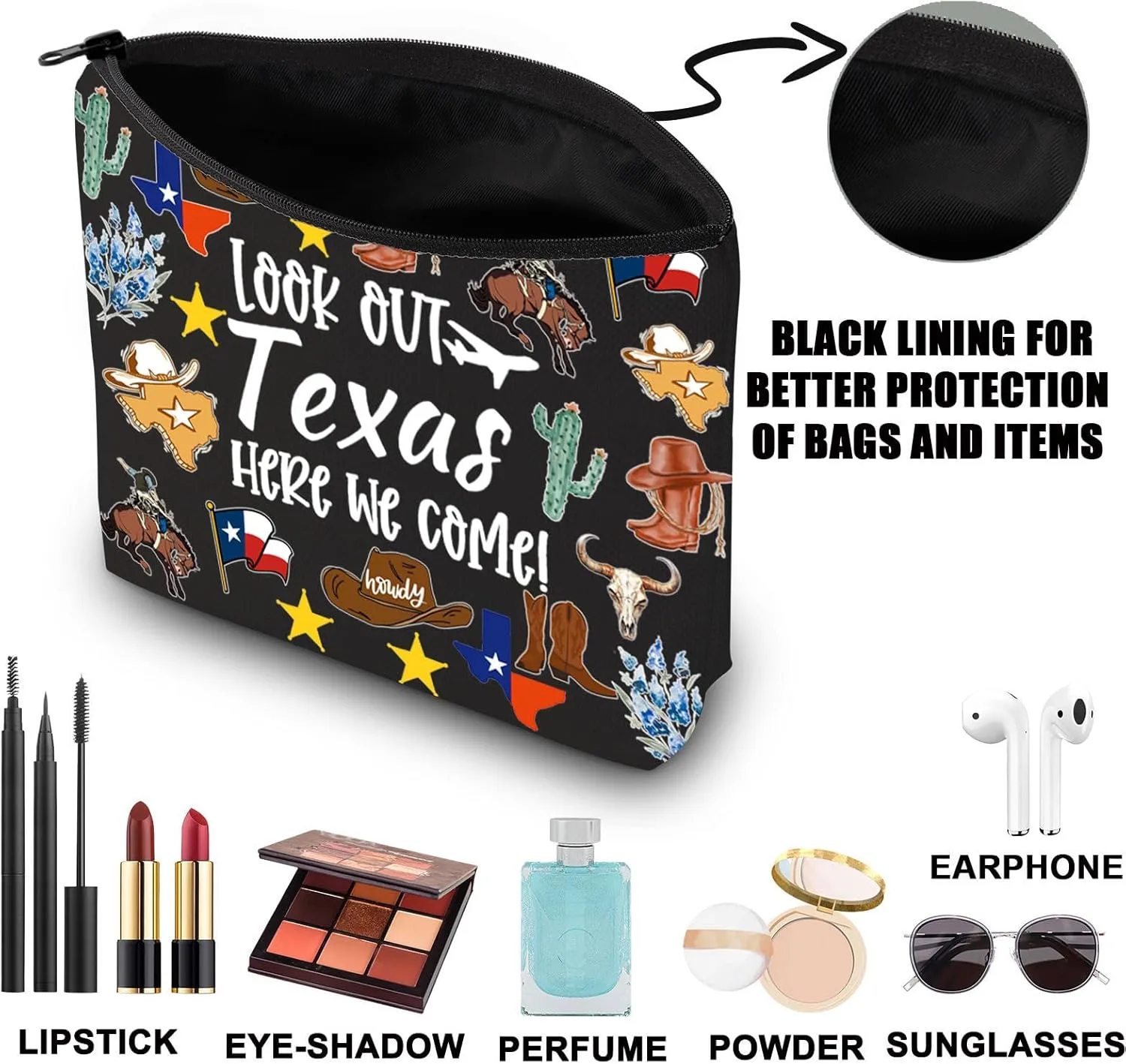 JNIAP Texas Makeup Bag Texas Themed Gifts Texas Cowgirl Gifts Texas Travel Gifts Texas Zipper Pouch (look out texas black mb)