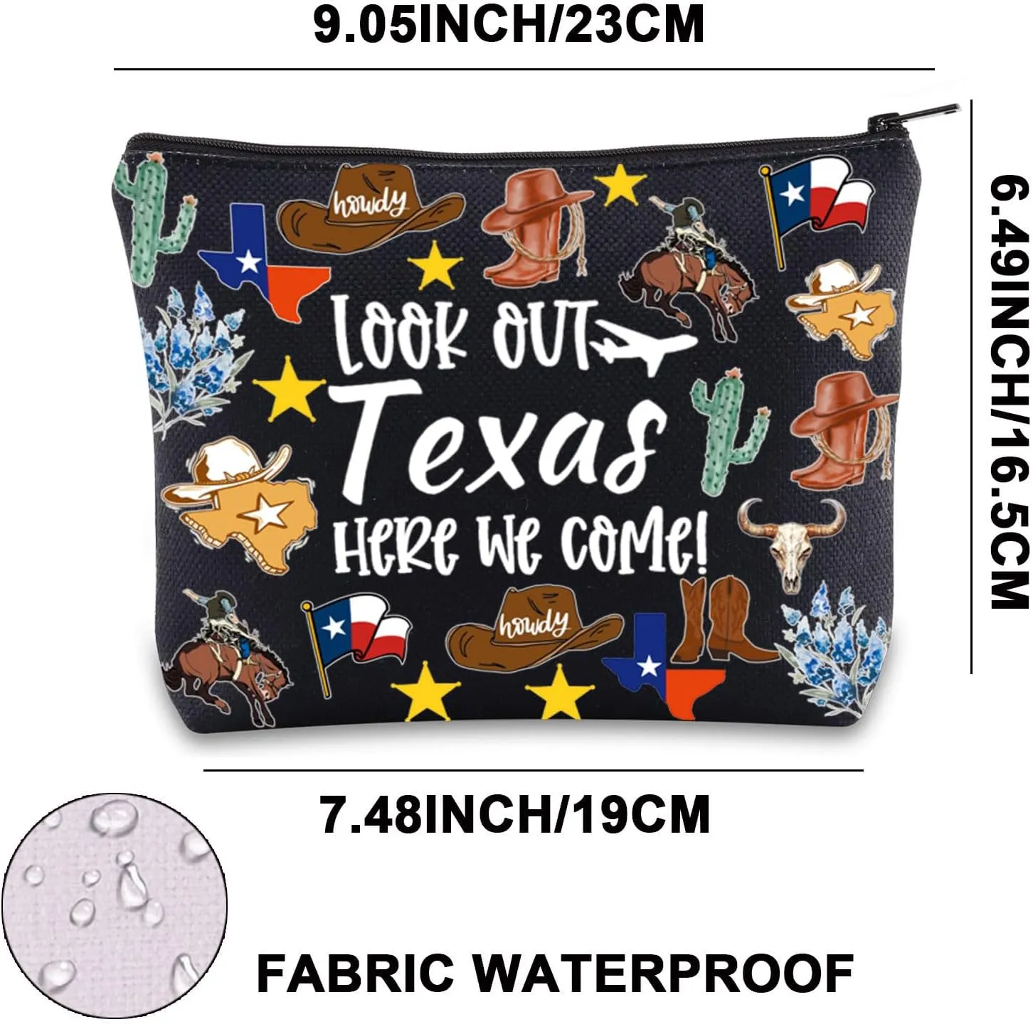 JNIAP Texas Makeup Bag Texas Themed Gifts Texas Cowgirl Gifts Texas Travel Gifts Texas Zipper Pouch (look out texas black mb)