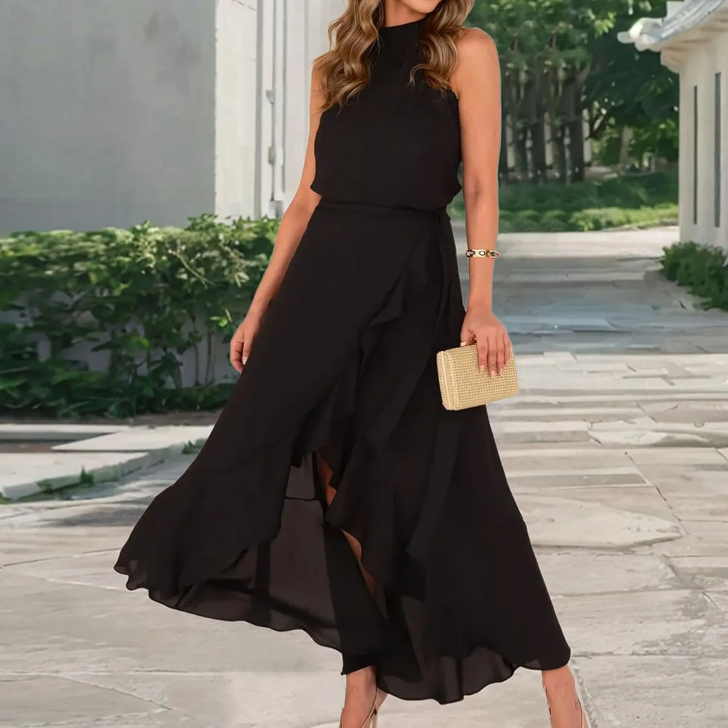 JOAU Women's 2025 Summer Sleeveless Halter Neck Elegant Cocktail Dress Irregular Ruffle Hem Slit Flowy Belted Maxi Dresses