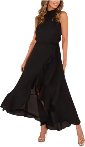 JOAU Women's 2025 Summer Sleeveless Halter Neck Elegant Cocktail Dress Irregular Ruffle Hem Slit Flowy Belted Maxi Dresses