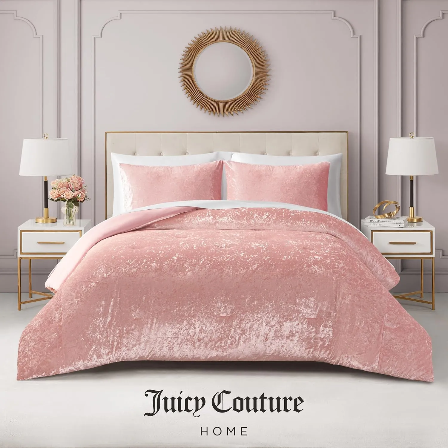 Juicy Couture Crushed Velvet Queen Comforter and Sham Set, 3-Piece Queen Bedding Set - (1) 90"x90" Comforter and (2) 20"x26" Sham - Pink