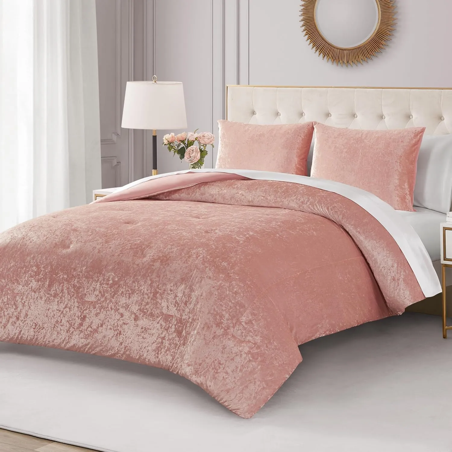 Juicy Couture Crushed Velvet Queen Comforter and Sham Set, 3-Piece Queen Bedding Set - (1) 90"x90" Comforter and (2) 20"x26" Sham - Pink
