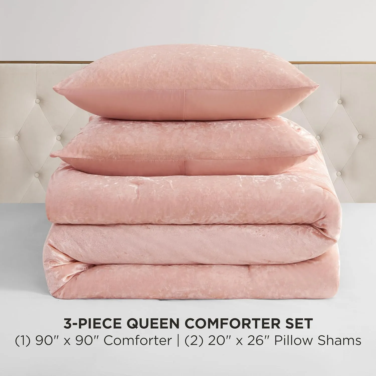 Juicy Couture Crushed Velvet Queen Comforter and Sham Set, 3-Piece Queen Bedding Set - (1) 90"x90" Comforter and (2) 20"x26" Sham - Pink