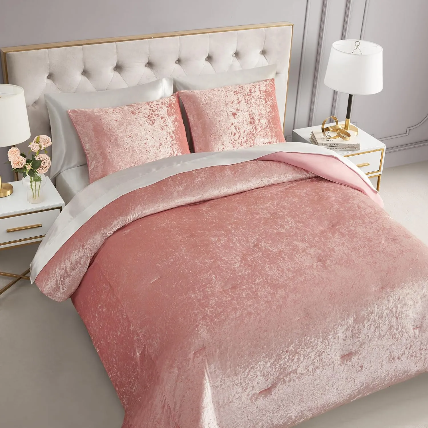 Juicy Couture Crushed Velvet Queen Comforter and Sham Set, 3-Piece Queen Bedding Set - (1) 90"x90" Comforter and (2) 20"x26" Sham - Pink