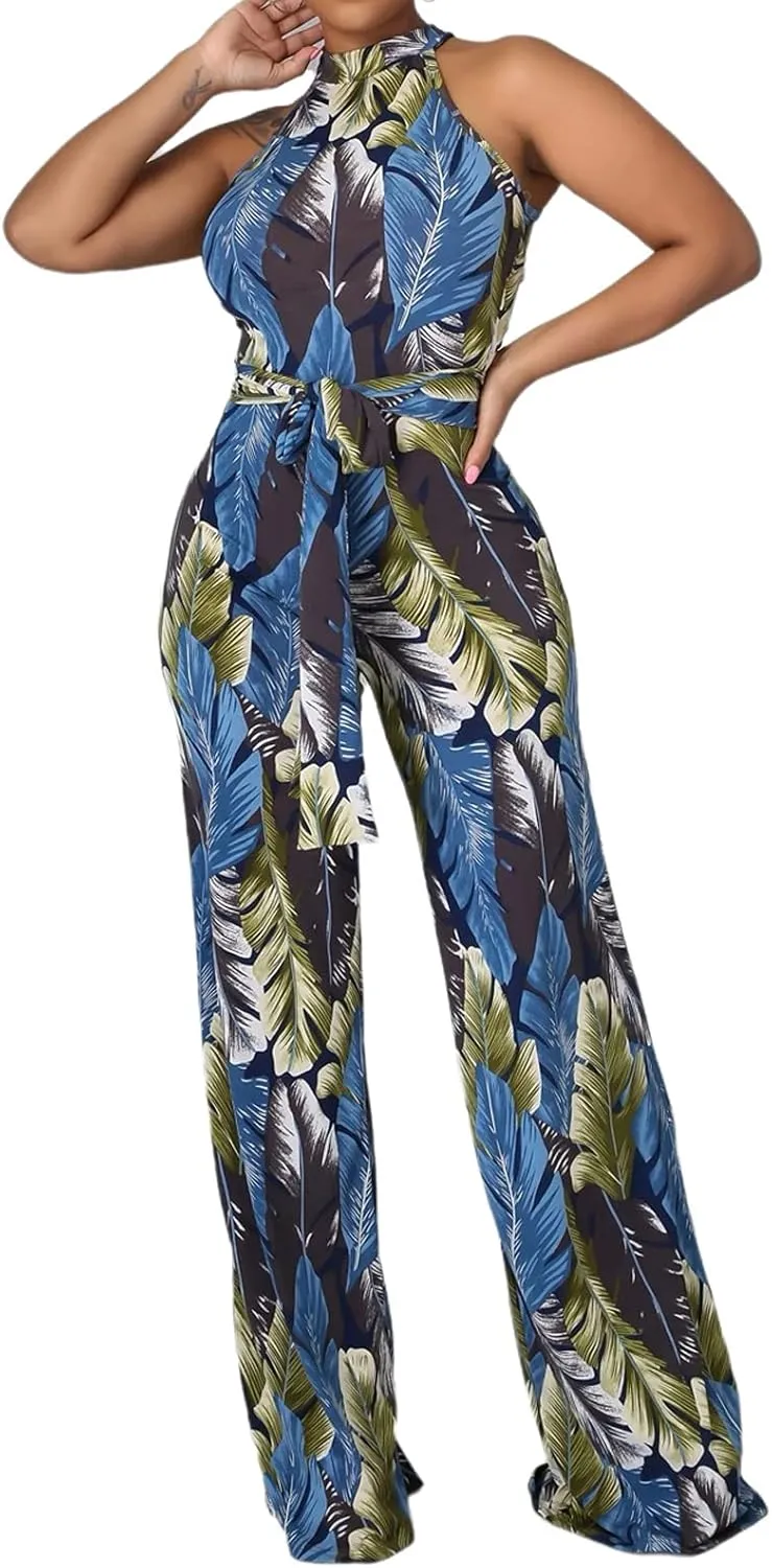 Jumpsuit for Women Sexy Elegant Long Straight Pants Cocktail Printing Jumpsuits Party Club with Zipper