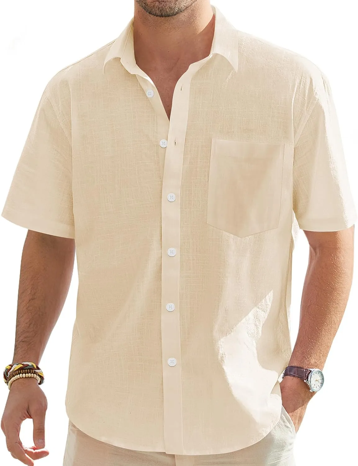 J.VER Men's Cotton Linen Short Sleeve Shirts Casual Lightweight Button Down Shirts Vacation Beach Summer Tops with Pocket