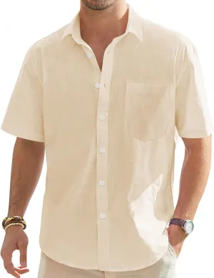 J.VER Men's Cotton Linen Short Sleeve Shirts Casual Lightweight Button Down Shirts Vacation Beach Summer Tops with Pocket