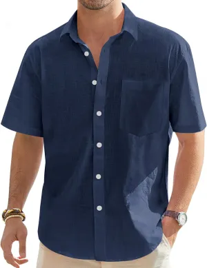 J.VER Men's Cotton Linen Short Sleeve Shirts Casual Lightweight Button Down Shirts Vacation Beach Summer Tops with Pocket