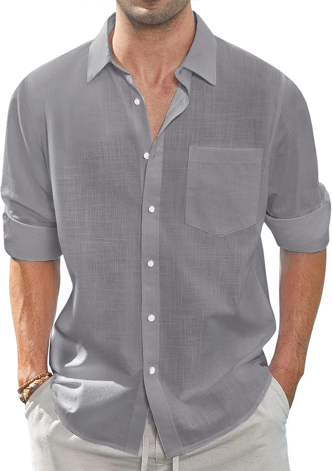 J.VER Men's Linen Shirts Casual Button Down Long Sleeve Shirt Solid Spread Collar Summer Beach Shirts with Pocket