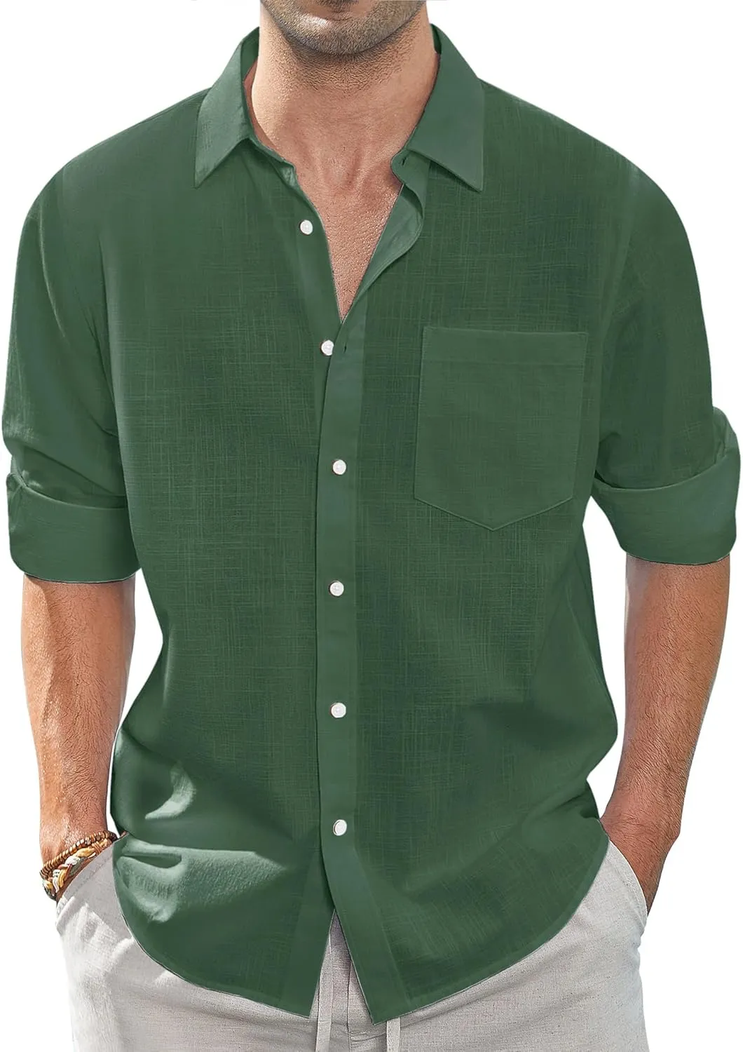 J.VER Men's Linen Shirts Casual Button Down Long Sleeve Shirt Solid Spread Collar Summer Beach Shirts with Pocket