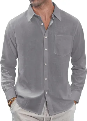 J.VER Men's Linen Shirts Casual Button Down Long Sleeve Shirt Solid Spread Collar Summer Beach Shirts with Pocket