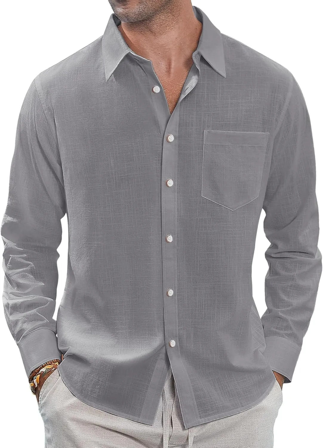 J.VER Men's Linen Shirts Casual Button Down Long Sleeve Shirt Solid Spread Collar Summer Beach Shirts with Pocket