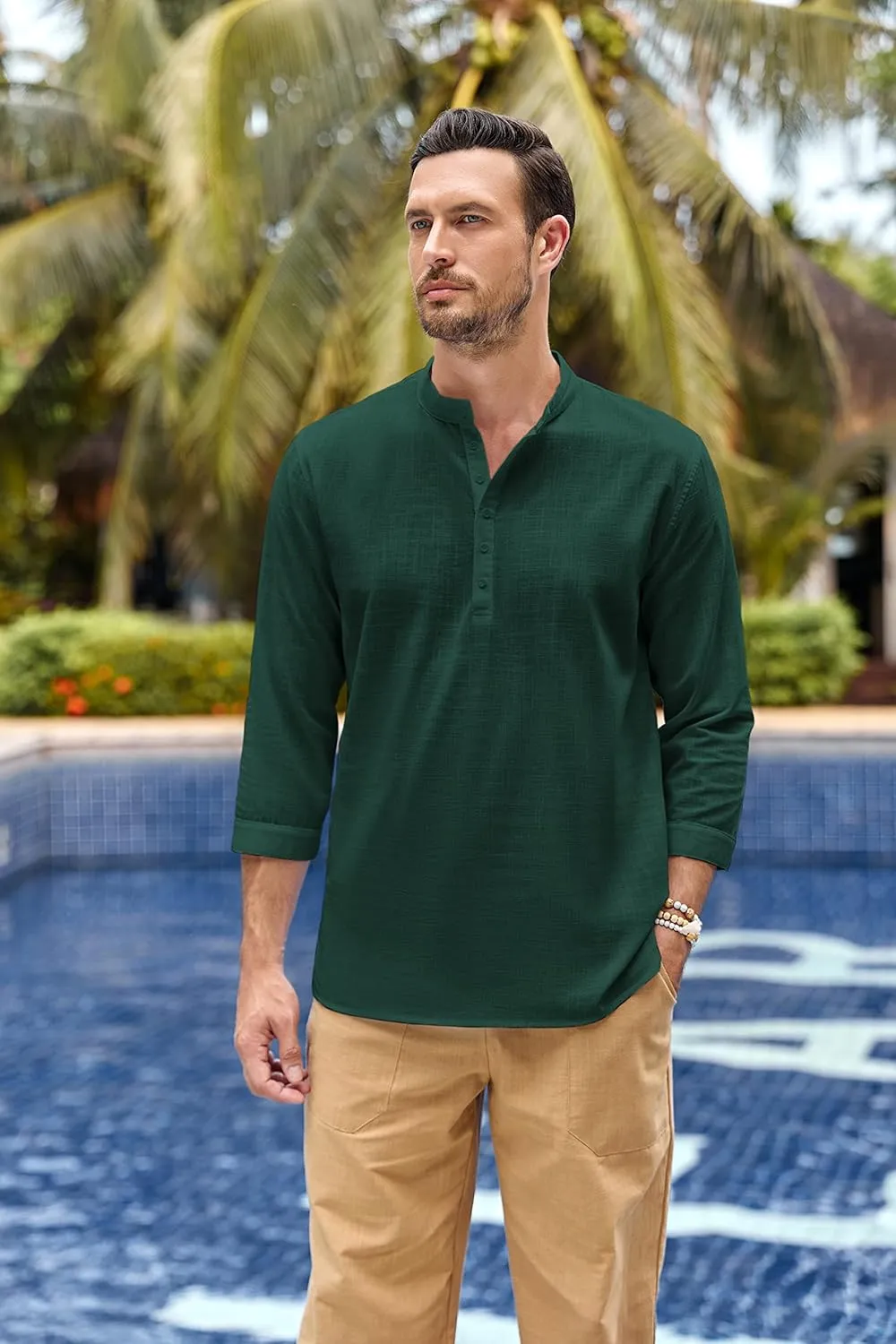Karlywindow Mens Linen Henley Shirts Long Sleeve Hippie Yoga Summer Beach Casual Henleys T-Shirt